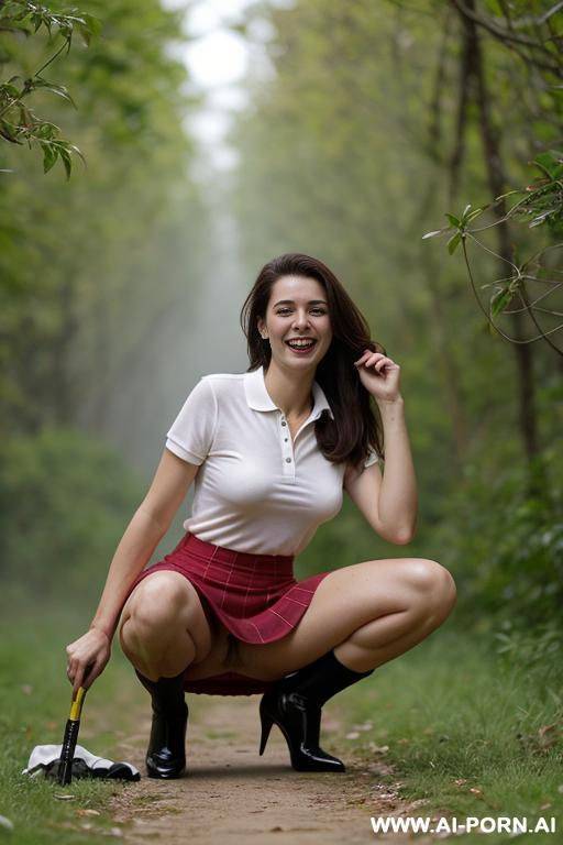 slender french, squatting in underbrush, skirt, hairy pussy dripping pee onto ground - #main