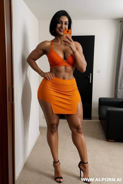 indian, short hair, fit, abs, curvy, muscular arms, big ass, tall, long legs, navel piercing, orange bra, orange pleat skirt, looking at camera, full body, stiletto, at home - #main