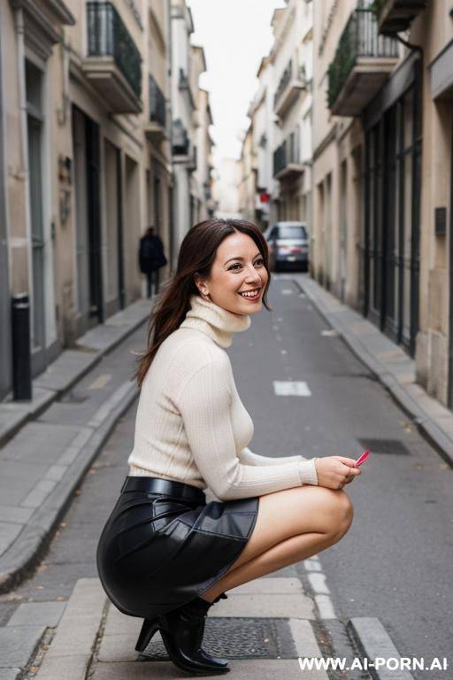 french, squatting in street, skirt, frontal view - #main