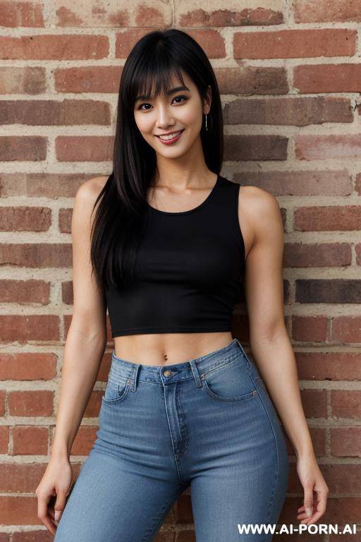 eunji pyo, standing against a brick wall, wearing a black tight shirt and blue tight jeans, and appears to be smiling at the camera, is placed in the center of the scene, with the brick wall as a contrasting backdrop - #main