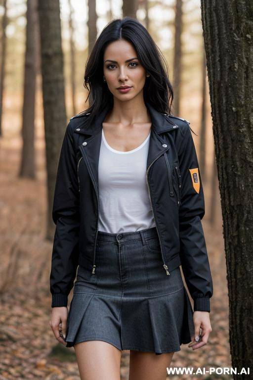 long hair, spontaneous, casual, comfortable, natural, relaxed, realistic style, m colors, natural lighting, huge boobs, wearing an orange jacket, she is standing in front of a tree, possibly in a forest or a park, - #main