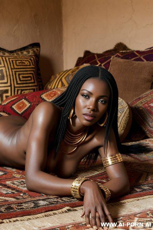 african woman, desert, totally naked, golden bracelets, full shot, lay down on oriental carpets and pillows - #main