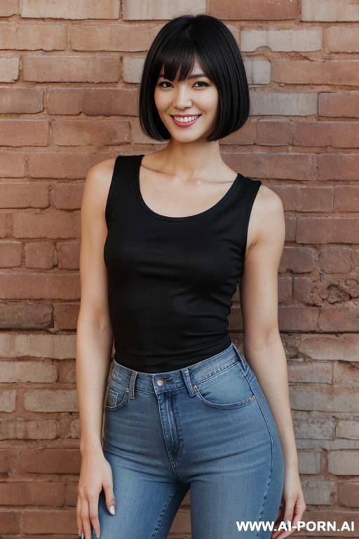 eunji pyo, standing against a brick wall, wearing a black tight shirt and blue tight jeans, and appears to be smiling at the camera, is placed in the center of the scene, with the brick wall as a contrasting backdrop - #main