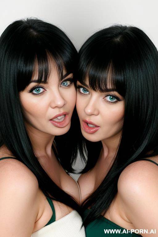 chubby white milf, long black hair with fringe, green eyes, tongue kissing her twin sister - #main