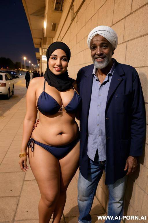smiling curvy egyptian thick wife wearing hijab and bikini standing with homeless old african man at night - #main
