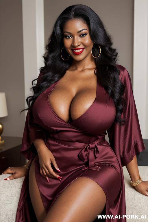 dark red lipstick, blue eyes, (((gigantic boobs))), skirt, (((extreme long strong voluminous hair))), (((ultra realistic))). (hoop earrings) hooker, (((looking at viewer))). sitting on sofa, open bathrobe, showing nipples, showing boobs. - #main