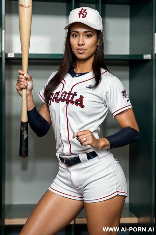 medium length black hair, standing in locker room, photo realistic, pallid white skin, dressed in baseball uniform, - #main