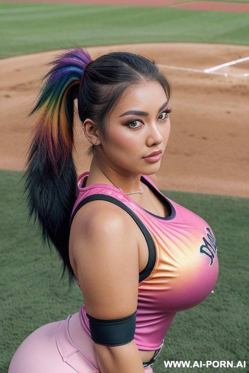 sexy cherokee sister, stunning face, on baseball field, wearing pink and black softball uniform, beautiful thick body, huge massive tits, curvy body, long black ponytail, beautiful brown eyes, seductive, sexy cherokee baseball field. - #main