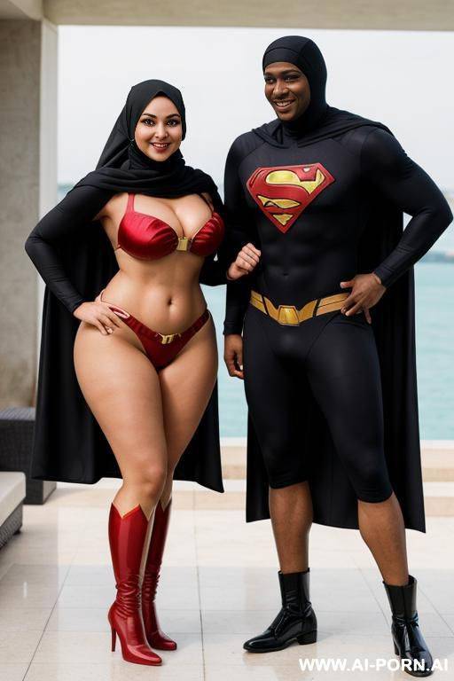 smiling curvy russian thick wearing hijab and superwoman bikini costume standing with super hero black man - #main