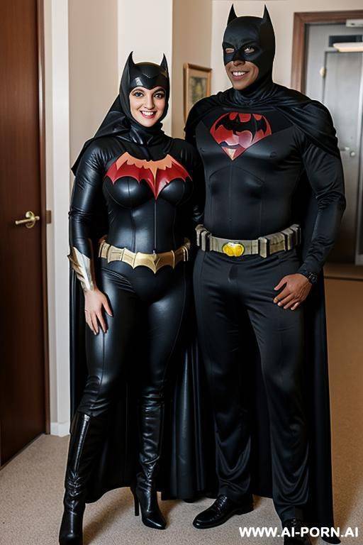 smiling curvy russian thick wearing hijab and batwoman costume standing with super hero black man - #main