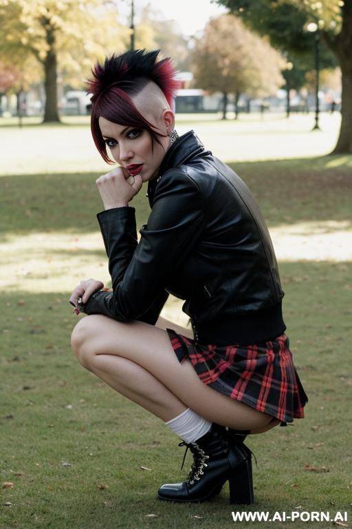 british punkwoman squatting in park, short skirt, hairy pussy, mohawk - #main