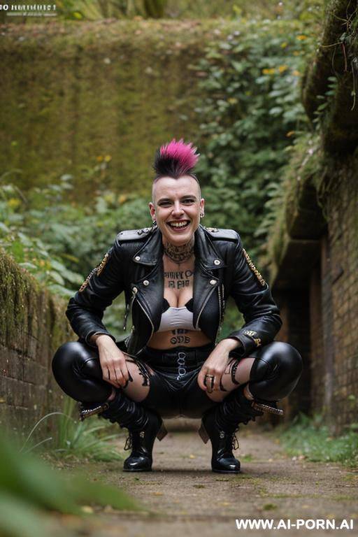british punkwoman squatting in undergrowth, jacket, mohawk, pants, hairy pussy, crotch dripping pee onto ground - #main
