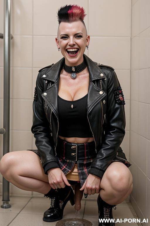 british punkwoman squatting in restroom, jacket, mohawk, short skirt, hairy pussy, crotch dripping pee onto ground - #main