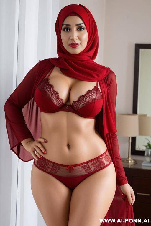 arab woman in her forties wearing red underwear and a hijab - #main