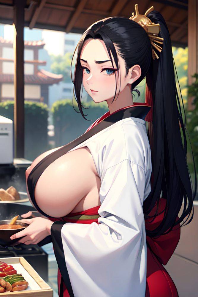 Anime Busty Huge Boobs 18 Age Serious Face Black Hair Slicked Hair Style Light Skin Soft Anime Street Back View Cooking Kimono 3666909077101813250 - AI Hentai - #main