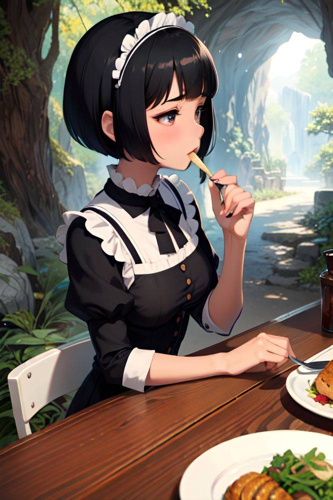 Anime Busty Small Tits 50s Age Sad Face Black Hair Bobcut Hair Style Dark Skin Soft + Warm Cave Side View Eating Maid 3667643515617191786 - AI Hentai - #main