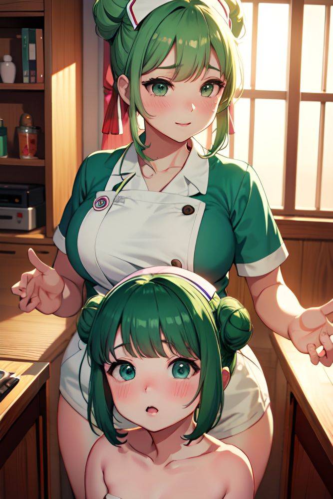 Anime Chubby Small Tits 50s Age Sad Face Green Hair Hair Bun Hair Style Light Skin Soft + Warm Onsen Front View Gaming Nurse 3668231067150850927 - AI Hentai - #main
