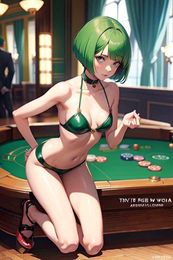 Anime Skinny Small Tits 20s Age Sad Face Green Hair Bobcut Hair Style Dark Skin Comic Casino Front View Squatting Latex 3668300644359682342 - AI Hentai - #main