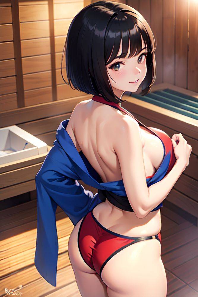 Anime Busty Small Tits 80s Age Happy Face Black Hair Bobcut Hair Style Light Skin Warm Anime Sauna Back View Eating Kimono 3668408877023241965 - AI Hentai - #main