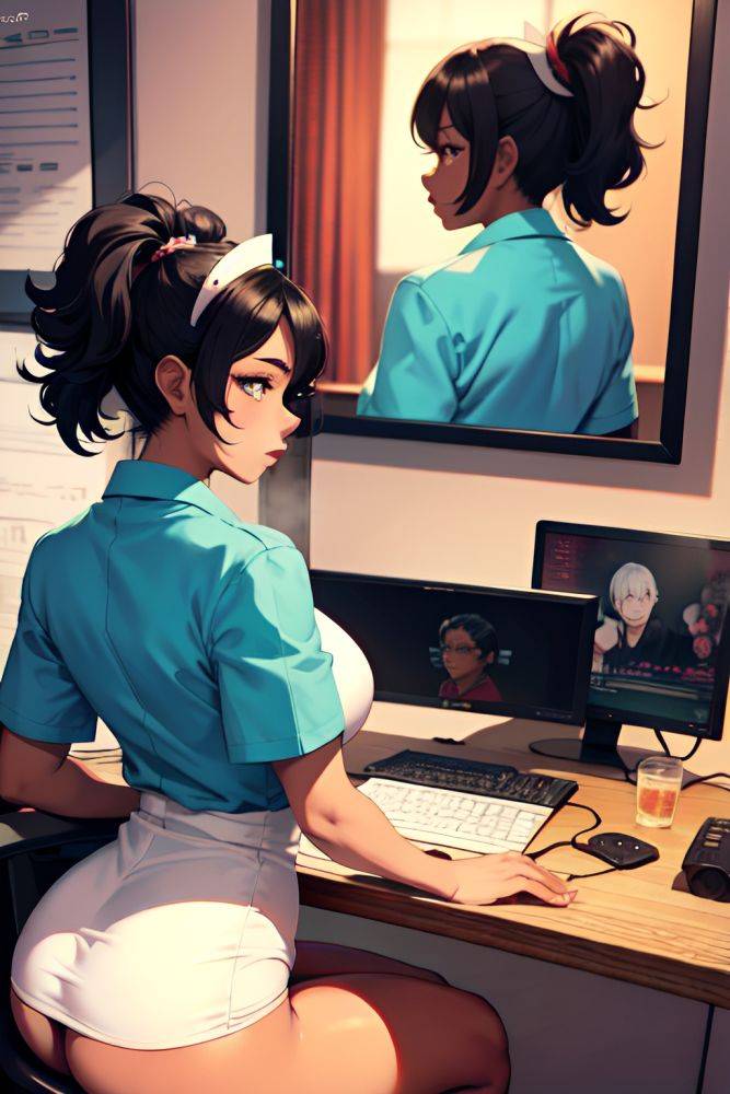 Anime Busty Huge Boobs 80s Age Shocked Face Black Hair Pixie Hair Style Dark Skin Warm Anime Party Back View Gaming Nurse 3668428204376305939 - AI Hentai - #main