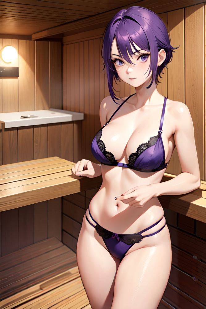 Anime Busty Small Tits 20s Age Serious Face Purple Hair Pixie Hair Style Light Skin Skin Detail (beta) Sauna Front View Plank Lingerie 3668721980300670075 - AI Hentai - #main