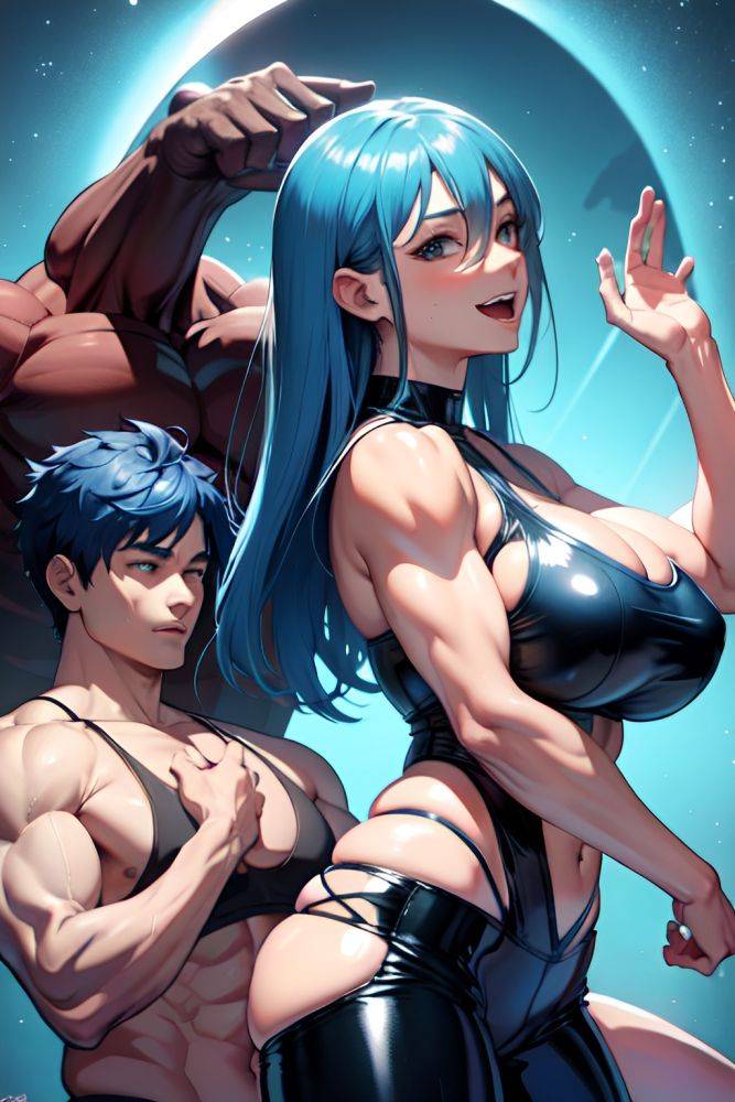 Anime Muscular Huge Boobs 18 Age Laughing Face Blue Hair Straight Hair Style Dark Skin Illustration Party Side View Yoga Latex 3668922984772821338 - AI Hentai - #main