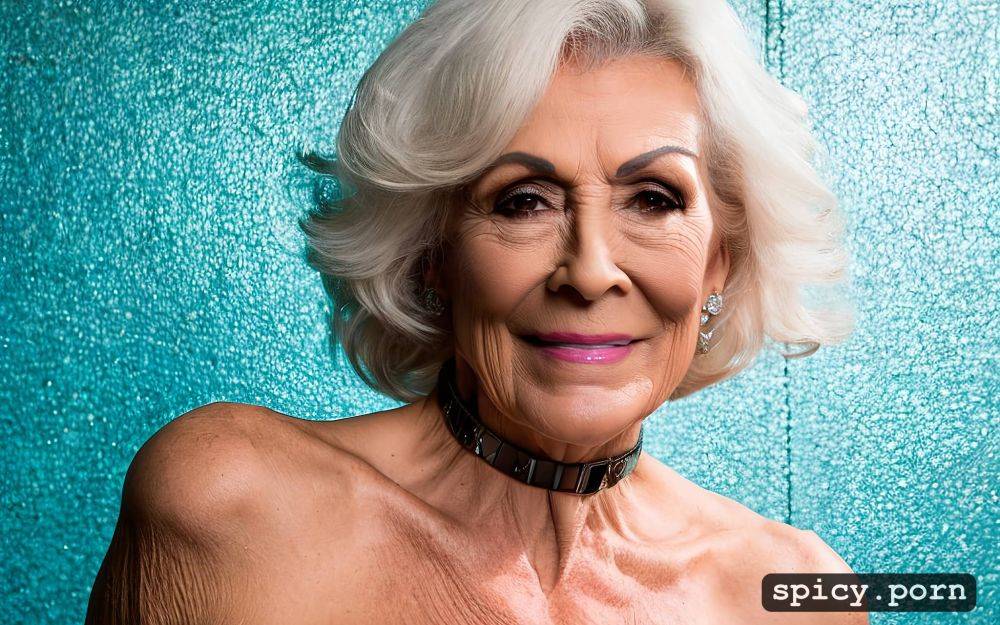 with big styled flowy hair very high cheekbones a very long wrinkled neck with a diamond choker around neck - #main