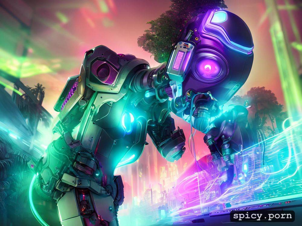 super realistic big cyborg hifi speakers neon colors with some hifi music boxes on left and right - #main