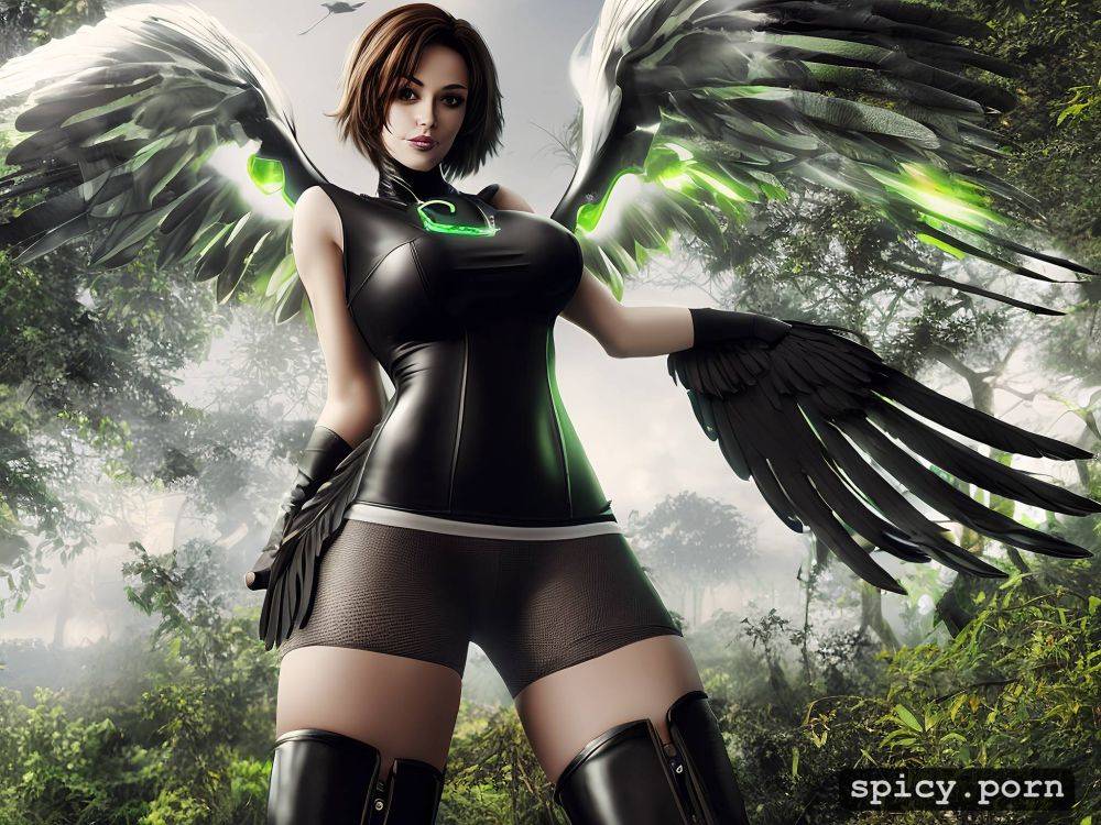 20 yo green miniskirt big boobs black feathered wings perfect athletic female fallen angel - #main