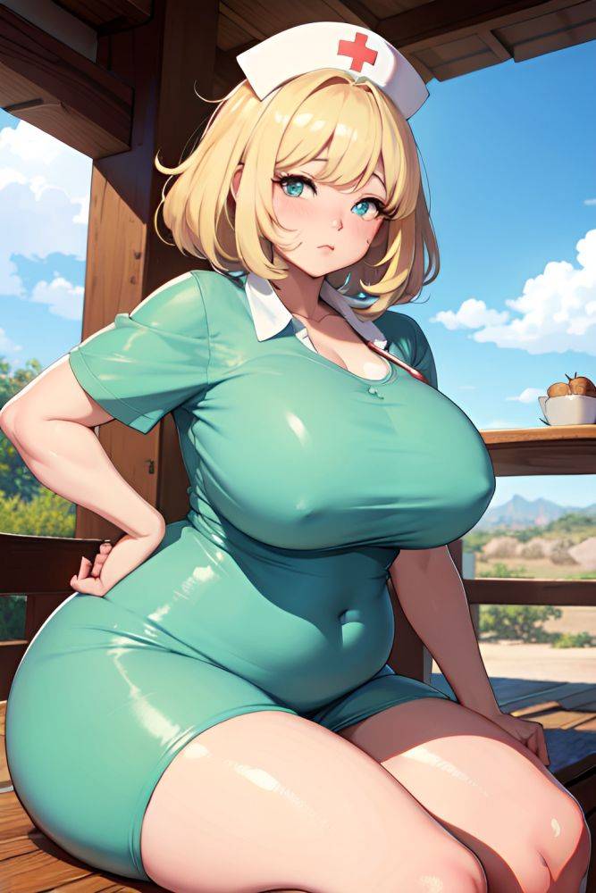 Anime Chubby Huge Boobs 70s Age Sad Face Blonde Pixie Hair Style Light Skin Warm Anime Desert Front View Eating Nurse 3669475749119513524 - AI Hentai - #main