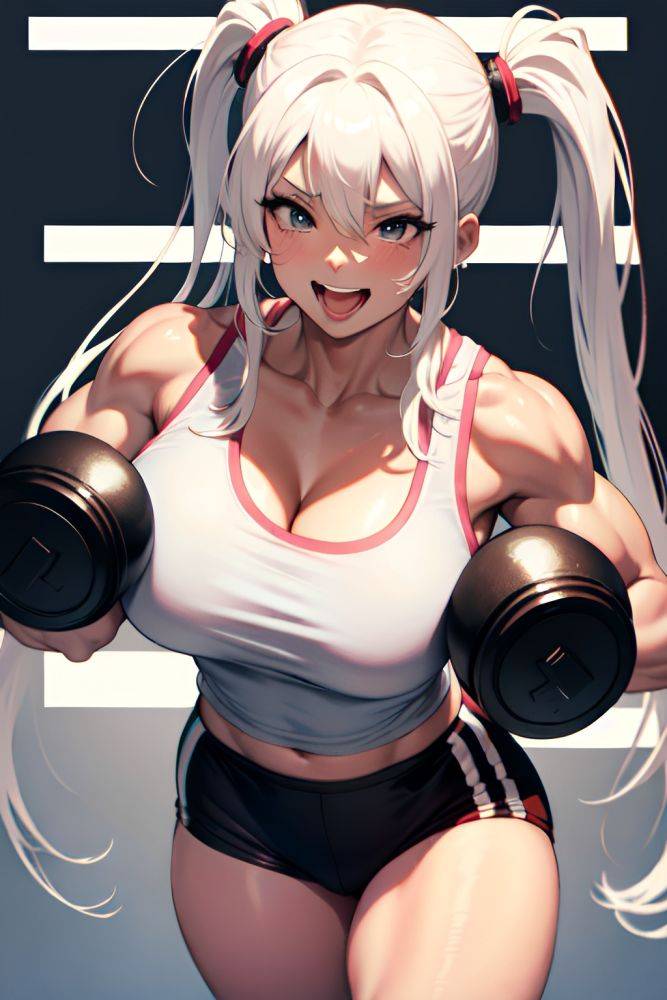 Anime Muscular Huge Boobs 80s Age Laughing Face White Hair Pigtails Hair Style Light Skin Black And White Party Front View Working Out Teacher 3669564655437528393 - AI Hentai - #main