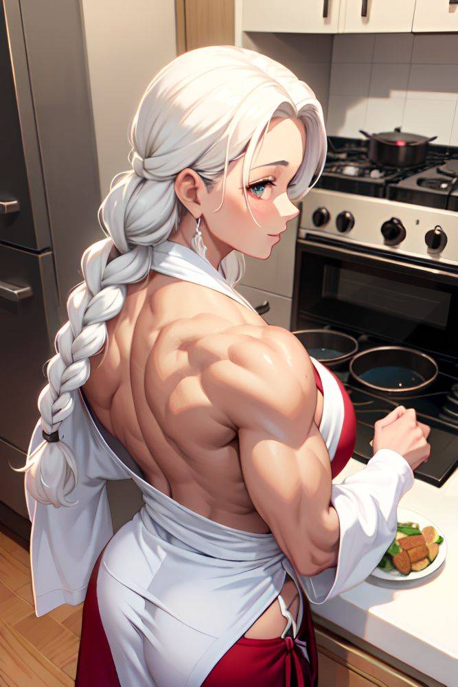 Anime Muscular Huge Boobs 40s Age Happy Face White Hair Braided Hair Style Light Skin Black And White Gym Back View Cooking Bathrobe 3669669022650216237 - AI Hentai - #main