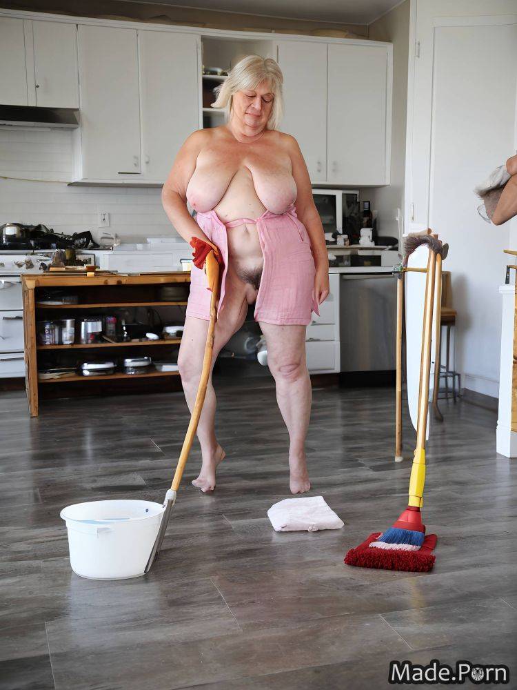 Cleaning floor short hair tanned skin kitchen happy ssbbw nightgown AI porn - #main