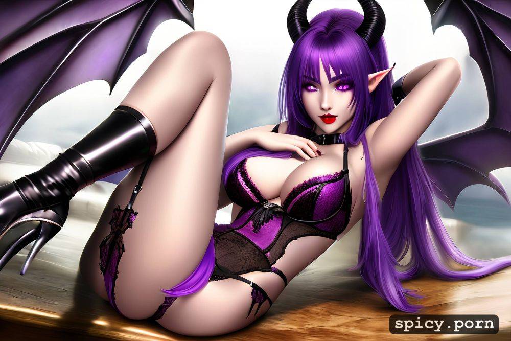 purple hair highres nice natural boobs black demonic tail - #main