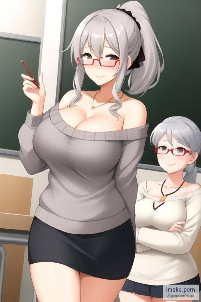 Older woman , teacher , happy, blushing, sweater falling off of... - #main