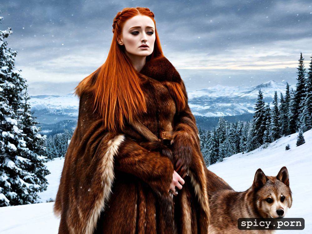 hoto ultra detailed sansa stark masterpiece realistic wearing pelt cloak with tight amor underneath - #main