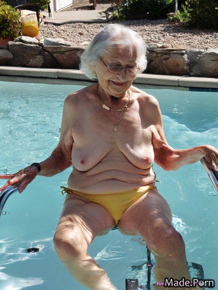 Bathing yellow skinny looking at viewer woman pool caucasian AI porn - #main