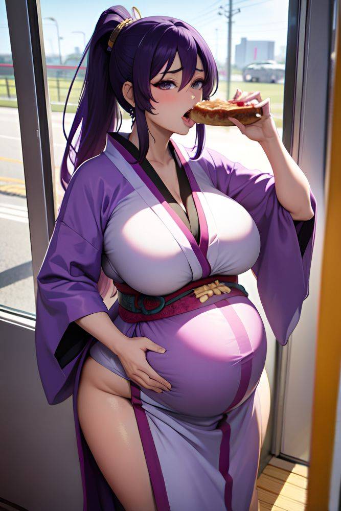 Anime Pregnant Huge Boobs 20s Age Ahegao Face Purple Hair Ponytail Hair Style Light Skin Cyberpunk Train Side View Eating Kimono 3666692609862062367 - AI Hentai - #main