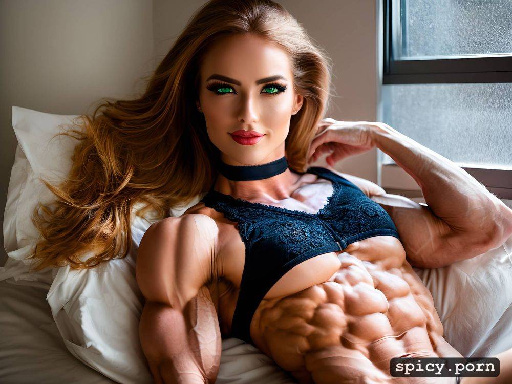 ginger beautiful huge veiny biceps hand behind head on bed next to window - #main