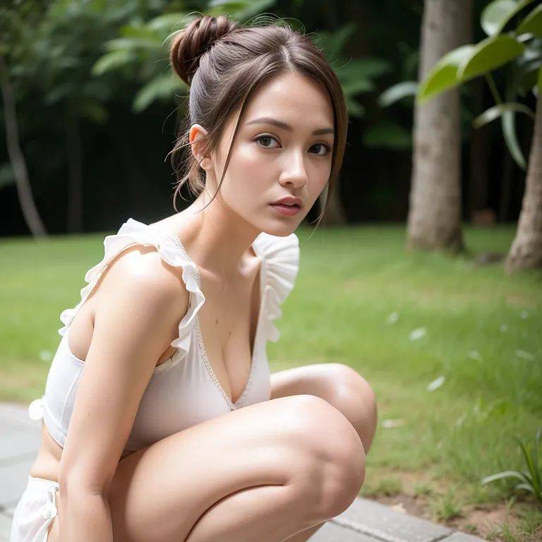 ,woman,twenties,(RAW photo, best quality, masterpiece:1.1), (realistic, photo-realistic:1.2), ultra-detailed, ultra high res, physically-based rendering,short hair,hair bun,pink hair,large forehead,blue - #main