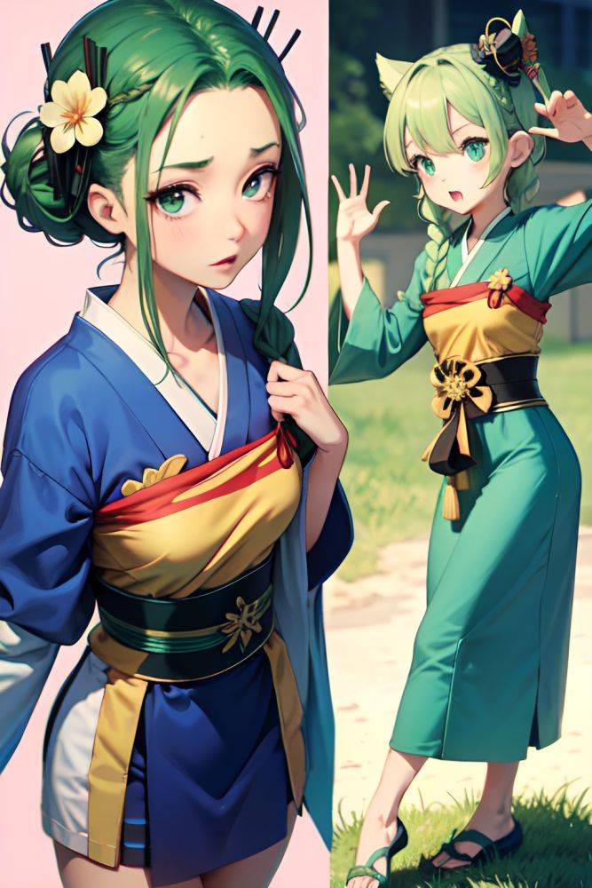 Anime Skinny Small Tits 50s Age Shocked Face Green Hair Braided Hair Style Light Skin Crisp Anime Bar Side View T Pose Geisha 3672510143518008184 - AI Hentai - #main