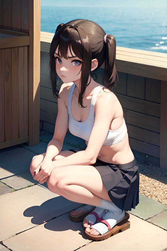 Anime Skinny Small Tits 20s Age Serious Face Brunette Pigtails Hair Style Light Skin Charcoal Sauna Front View Squatting Schoolgirl 3672514006923243033 - AI Hentai - #main