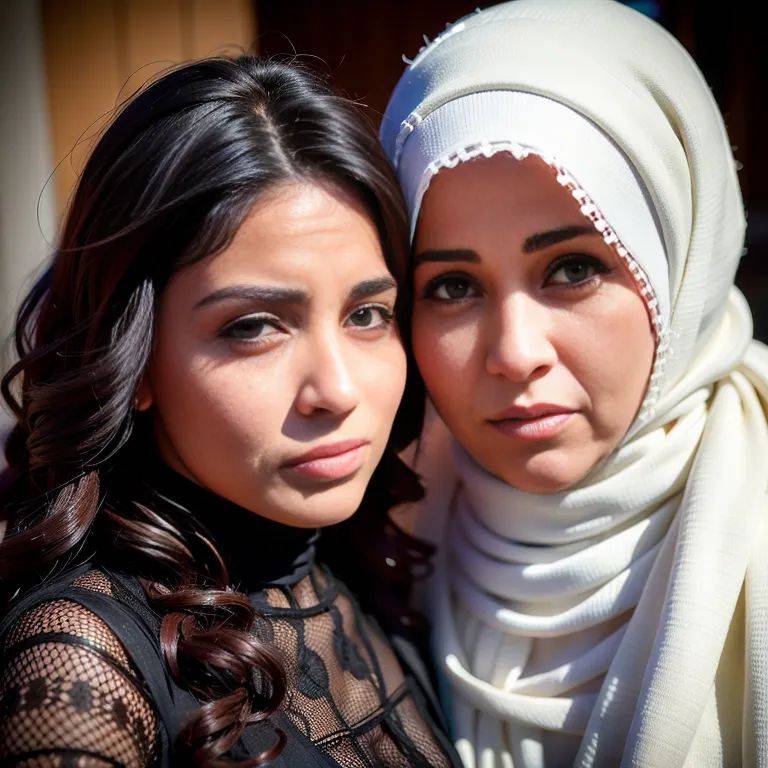 , Arabs,(2women:2),twenties,(RAW photo, best quality, masterpiece:1.1), (realistic, photo-realistic:1.2), ultra-detailed, ultra high res, physically-based rendering,long hair,curly hair,hijab,from above,(adult:1.5) - #main
