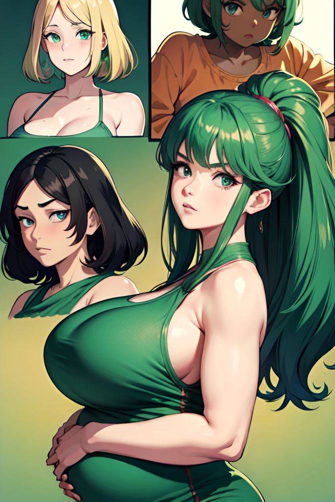 Anime Pregnant Huge Boobs 70s Age Serious Face Green Hair Slicked Hair Style Dark Skin Comic Desert Close Up View Yoga Pajamas 3673611803097727385 - AI Hentai - #main