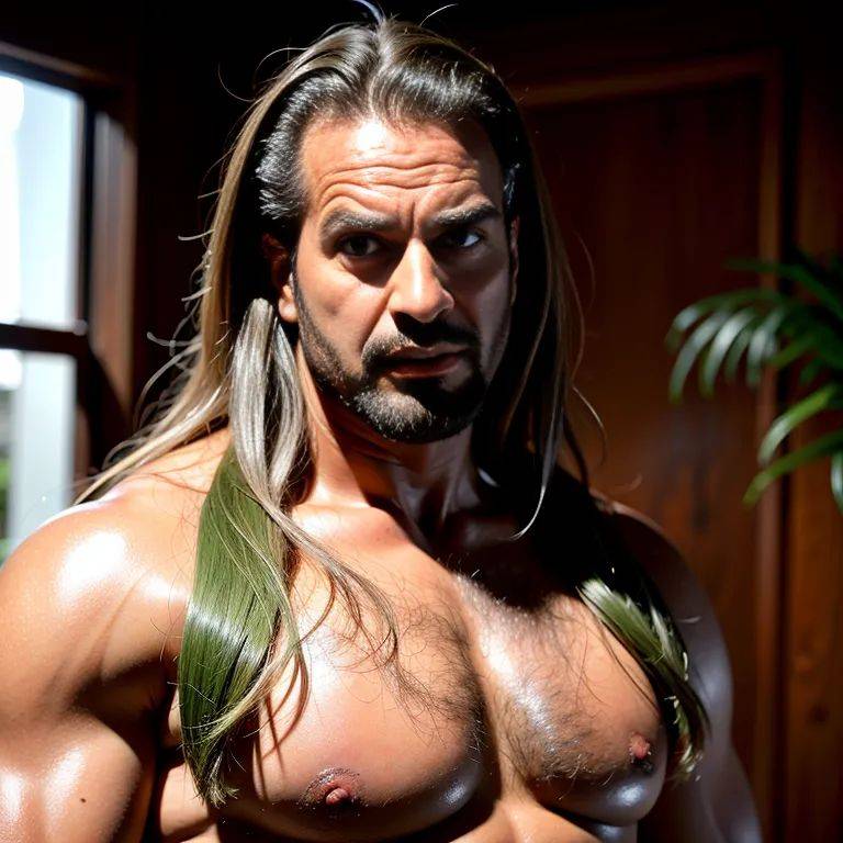 , Arabs,manly man,elder,(RAW photo, best quality, masterpiece:1.1), (realistic, photo-realistic:1.2), ultra-detailed, ultra high res, physically-based rendering,long hair,messy hair,green hair,hair behind ear,large - #main