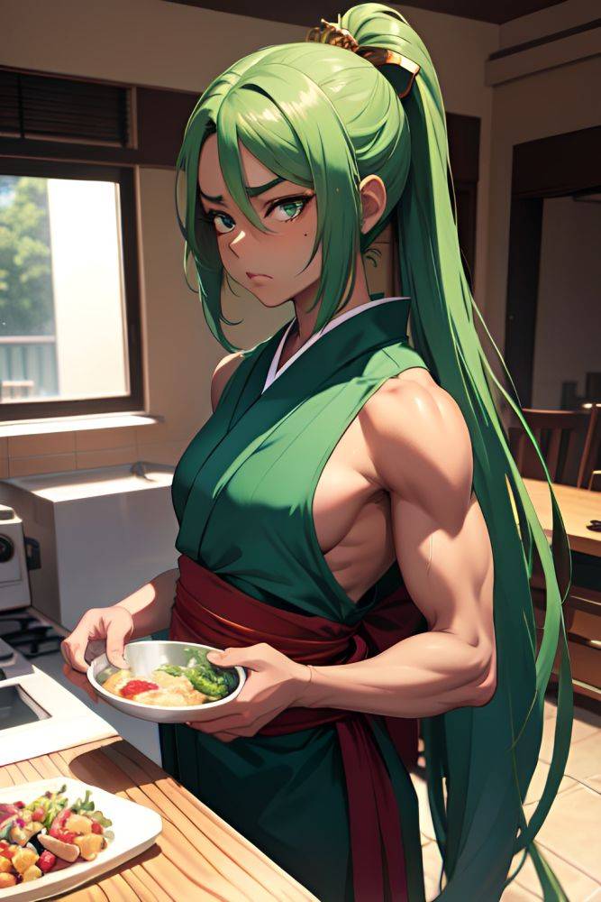Anime Muscular Small Tits 18 Age Sad Face Green Hair Slicked Hair Style Dark Skin Illustration Mall Side View Cooking Kimono 3670790007046550304 - AI Hentai - #main