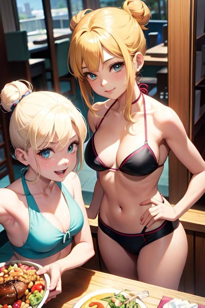 Anime Busty Small Tits 80s Age Happy Face Blonde Hair Bun Hair Style Light Skin Mirror Selfie Restaurant Close Up View Gaming Bikini 3674114314238001516 - AI Hentai - #main