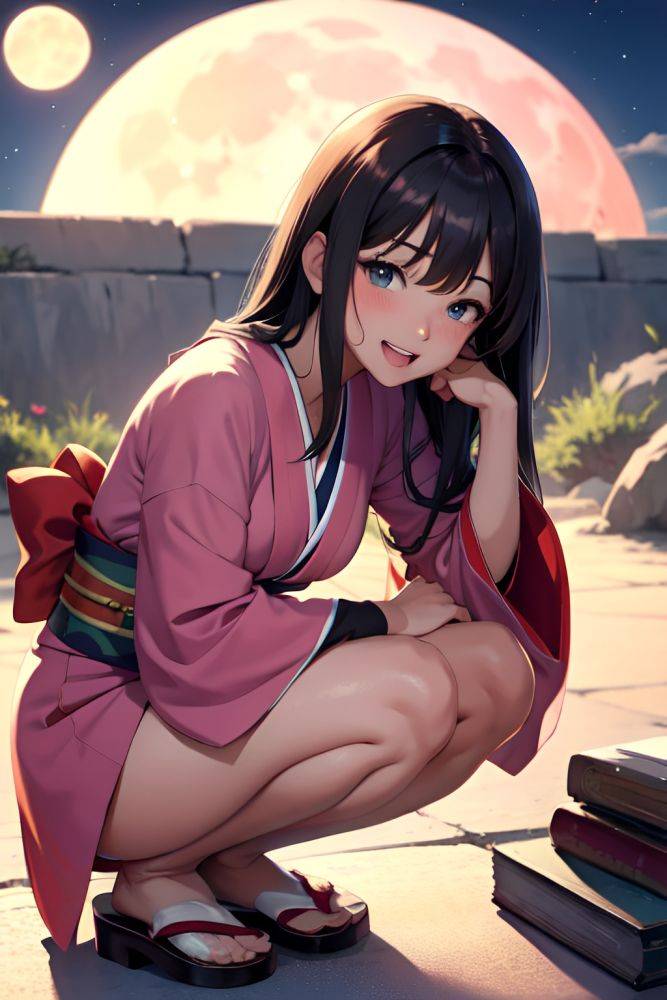 Anime Busty Small Tits 18 Age Laughing Face Brunette Straight Hair Style Dark Skin Soft + Warm Moon Close Up View Squatting Kimono 3674230278356361568 - AI Hentai - #main