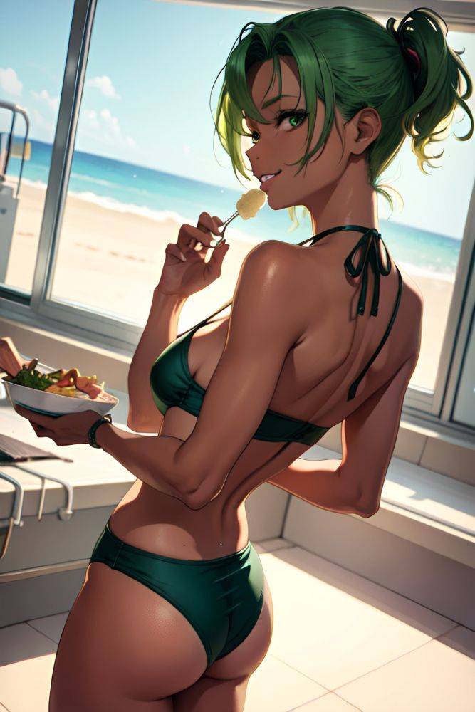 Anime Skinny Small Tits 80s Age Happy Face Green Hair Slicked Hair Style Dark Skin Vintage Hospital Back View Eating Bikini 3674222547415108577 - AI Hentai - #main