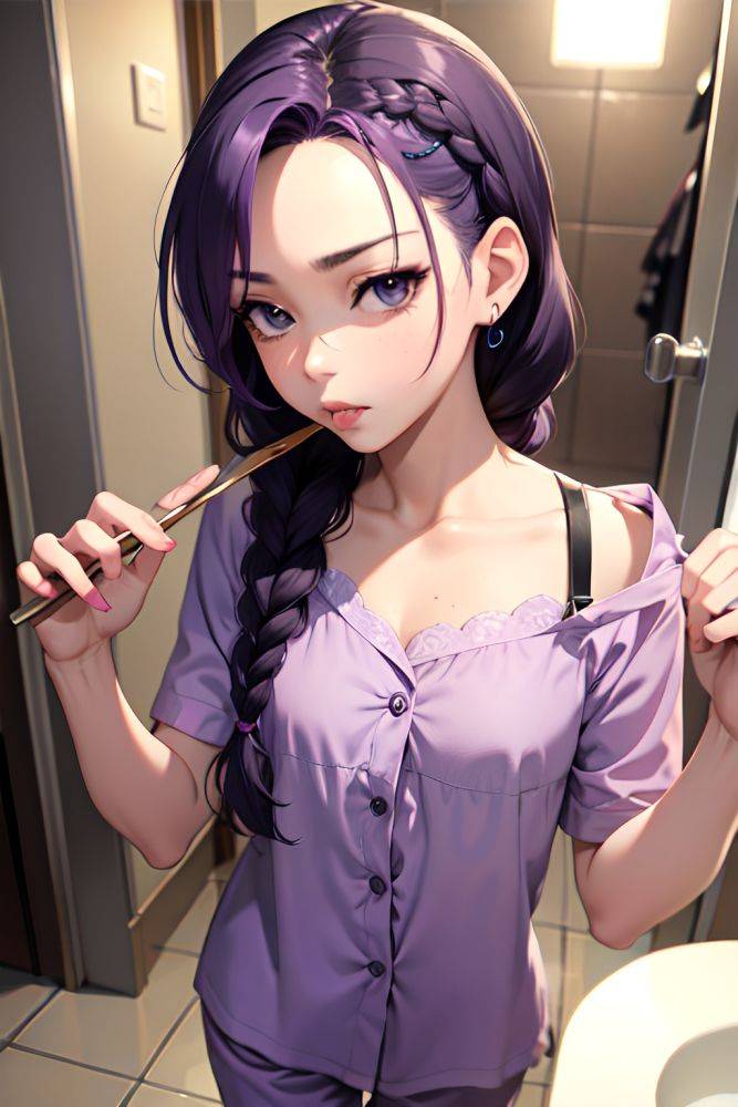 Anime Skinny Small Tits 40s Age Pouting Lips Face Purple Hair Braided Hair Style Light Skin Black And White Bathroom Close Up View Eating Pajamas 3674415820498789762 - AI Hentai - #main